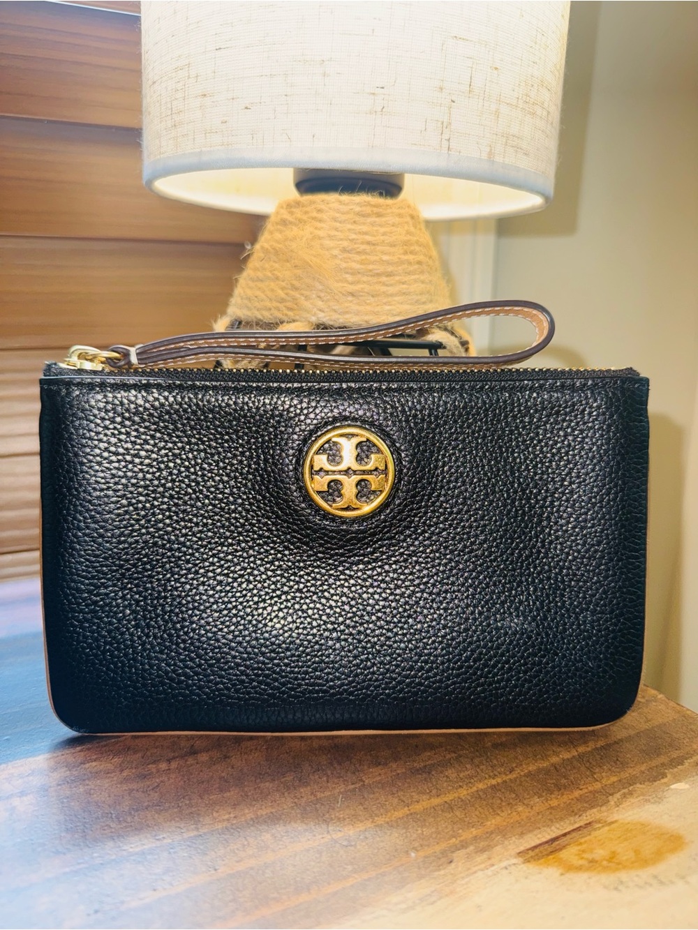 Tory Burch Black Pebbled Leather Wristlet with Gold Logo-Like New